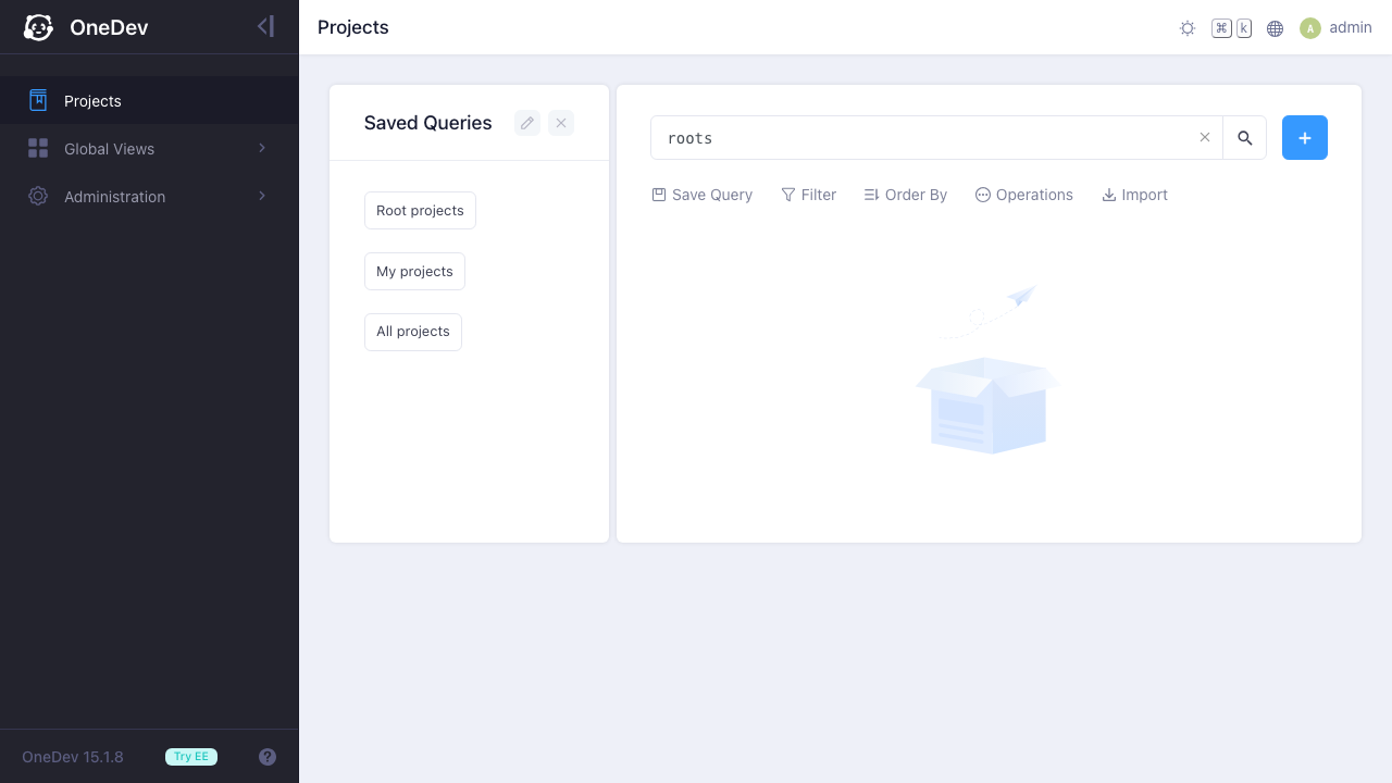 OneDev projects dashboard after signing in
