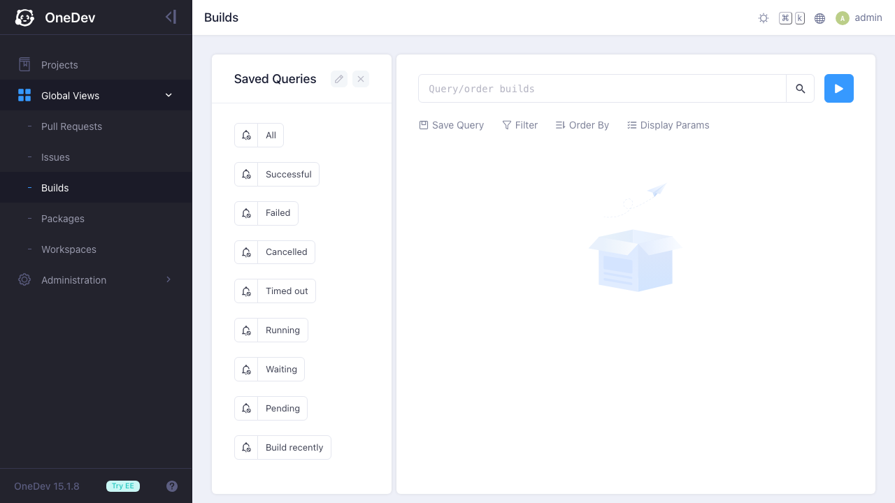 OneDev CI/CD Builds view with saved queries