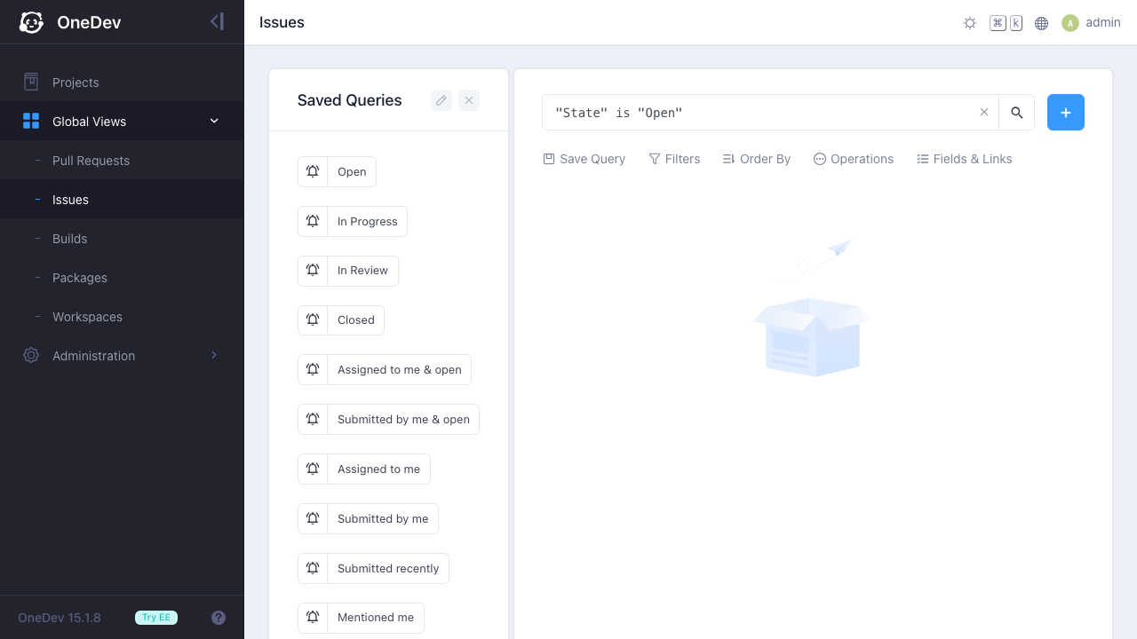 OneDev Issues view with saved queries