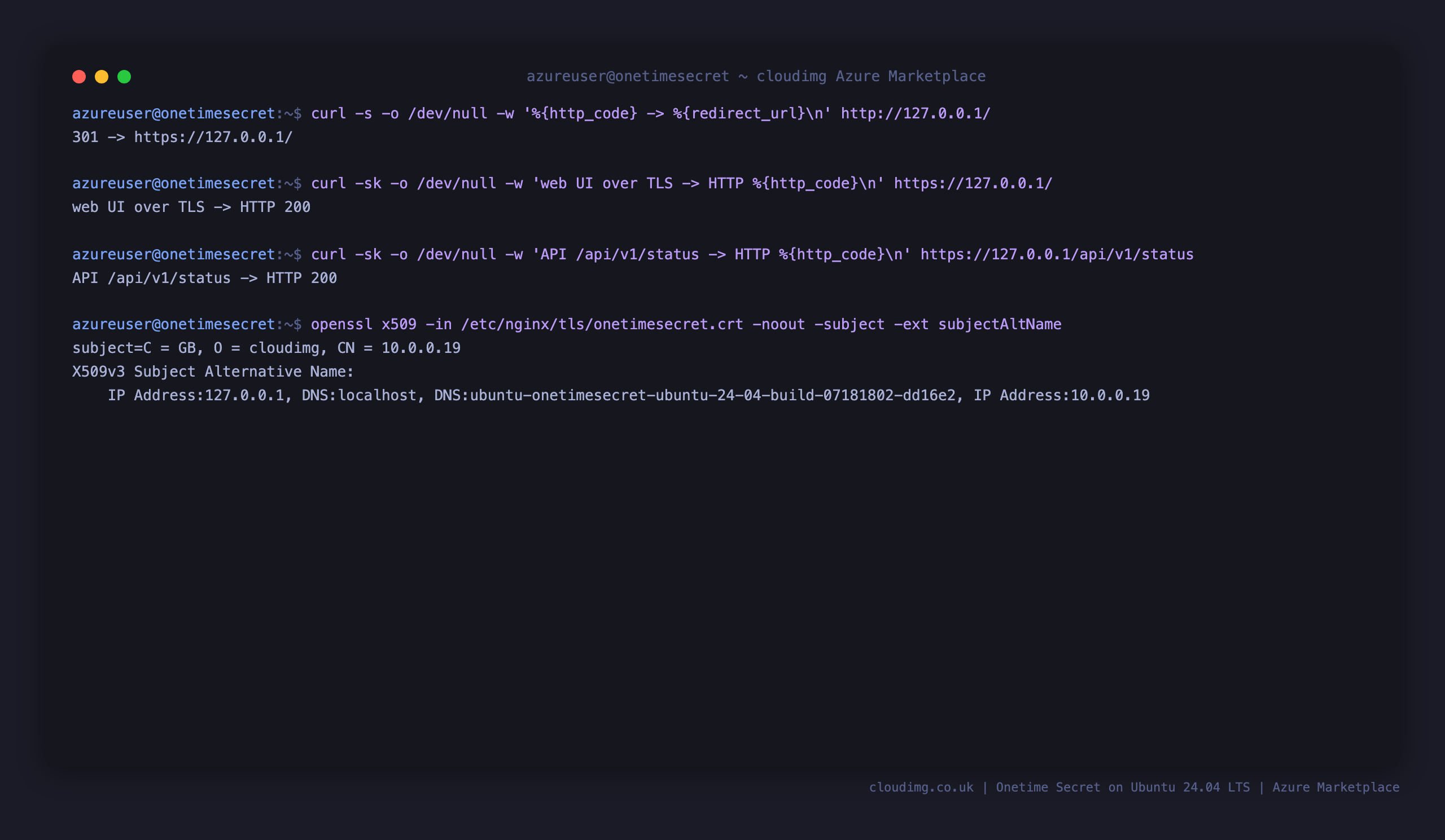curl shows plain HTTP 80 returning a 301 redirect to https, the web UI and API returning HTTP 200 over TLS, and openssl printing the per VM self signed certificate subject and Subject Alternative Names