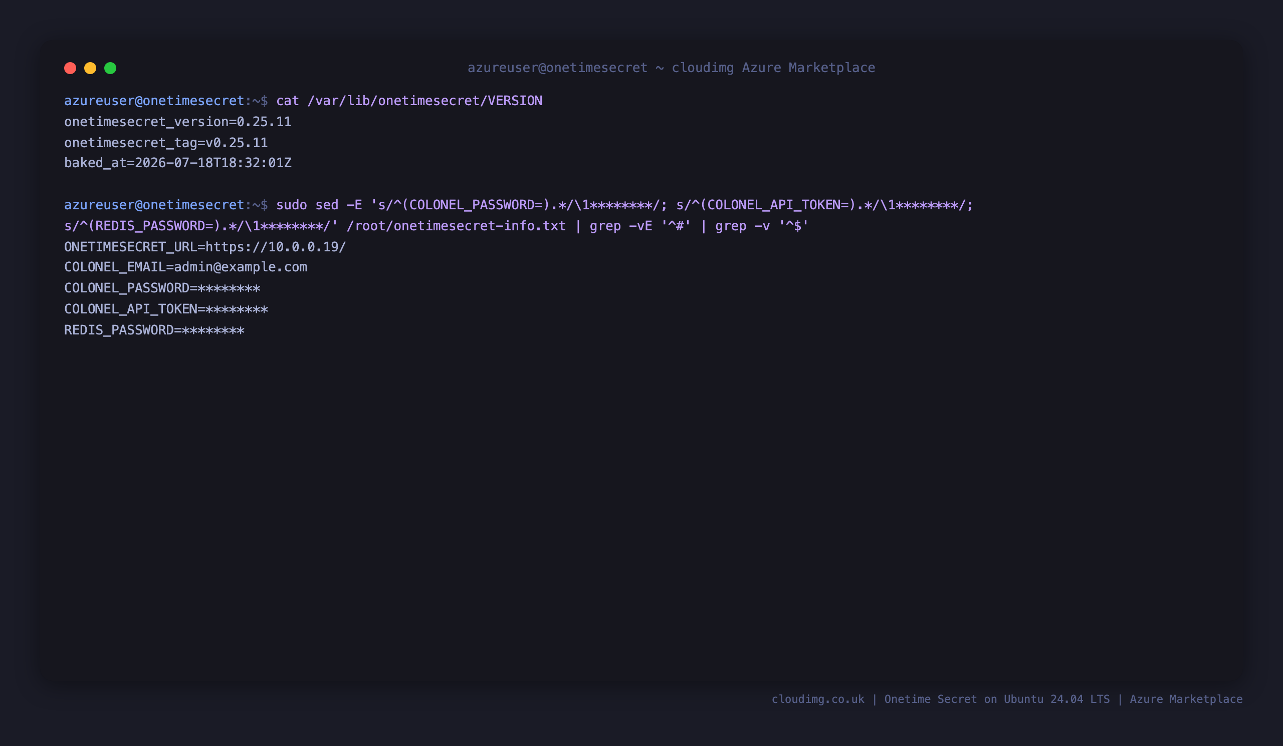 The /var/lib/onetimesecret/VERSION file showing the baked Onetime Secret version, tag and build time, and the per VM onetimesecret-info.txt showing the public URL and colonel email with the password, API token and Redis password redacted