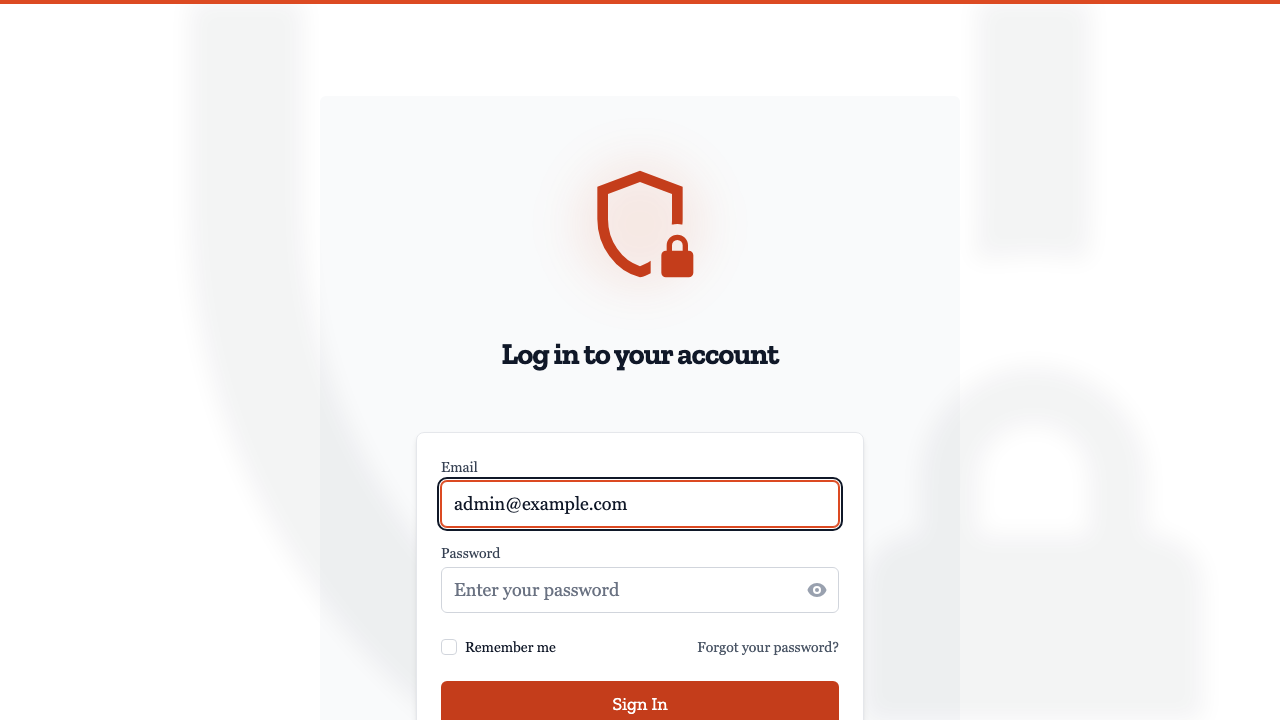 The Onetime Secret sign-in page with the Email and Password fields and a Sign In button, used to log in as the colonel administrator with the per instance credentials from the root only info file