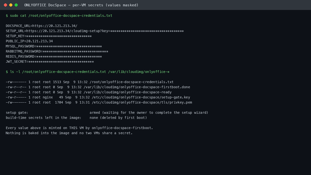 The per VM credentials file is root only 0600 and lists the key names it holds, next to the first boot sentinel and the armed setup gate