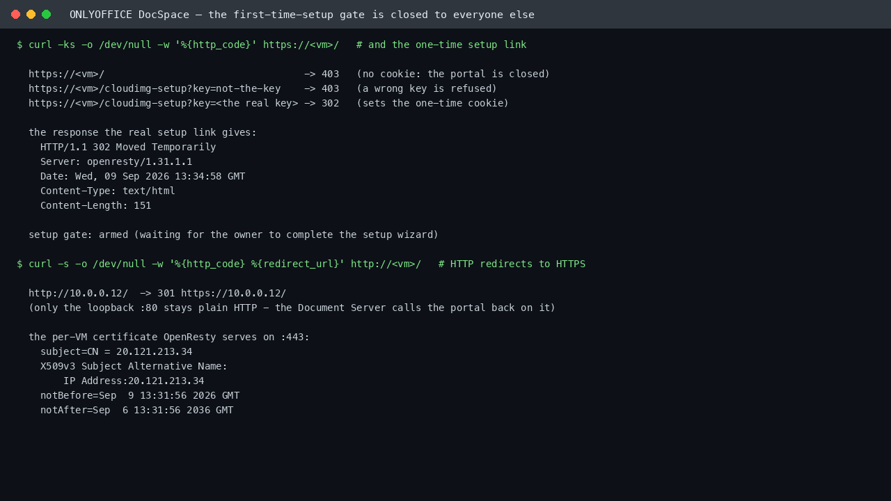 The front door answering 403 without the setup cookie, 403 to a wrong key and 302 to the real setup link, with the gate reporting armed