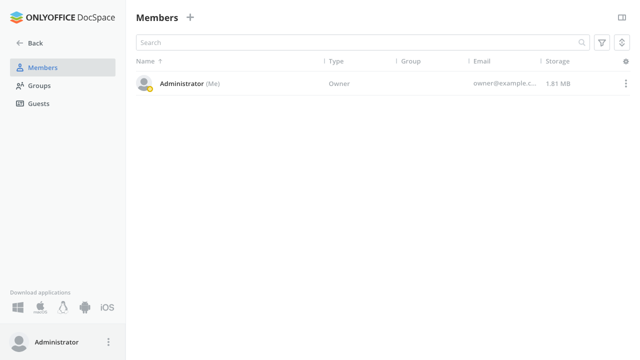 The DocSpace Contacts view showing the owner account and the invite controls