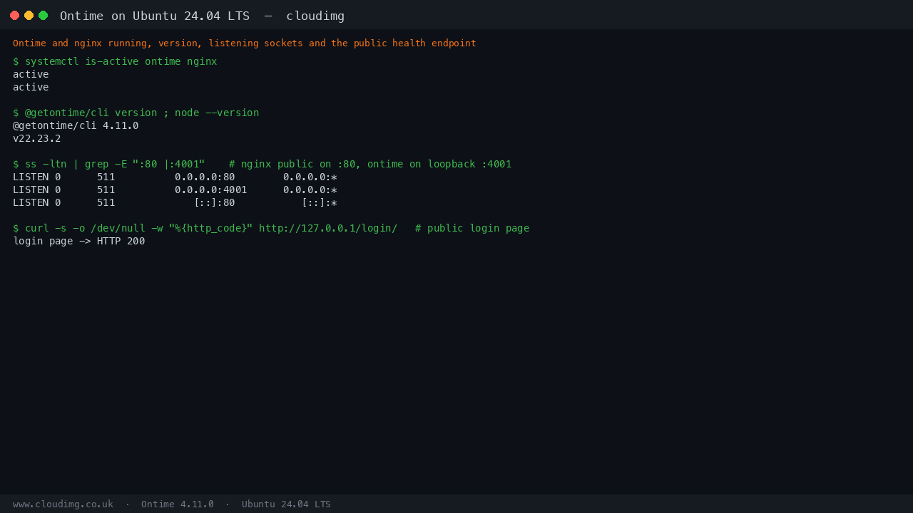 Terminal showing Ontime and nginx active, the version, the loopback listening sockets and the public login page returning 200