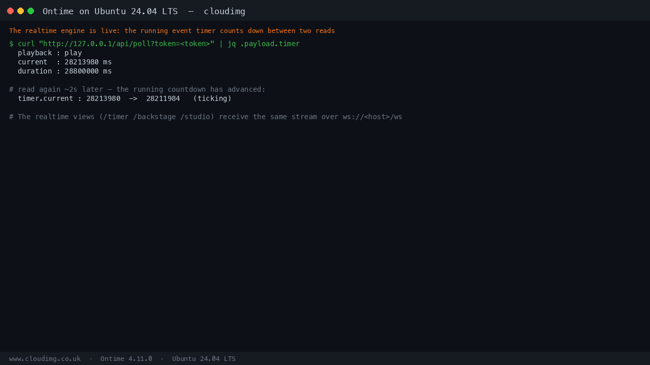Terminal showing the authenticated /api/poll response with playback play and the running timer.current advancing between two reads