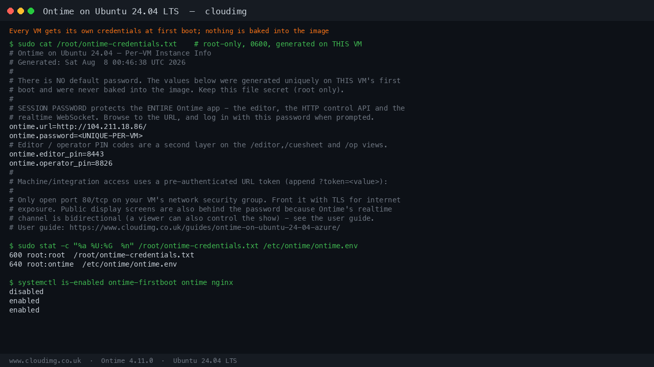 Terminal showing the per-VM Ontime credentials file, service enablement and 0600 root-only file permissions
