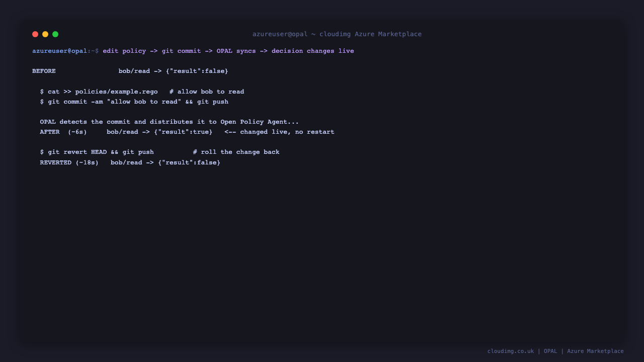 A policy change propagating live from git to Open Policy Agent