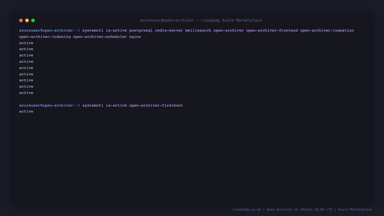 All nine Open Archiver units reported active by systemctl, plus the firstboot service, on a freshly deployed instance