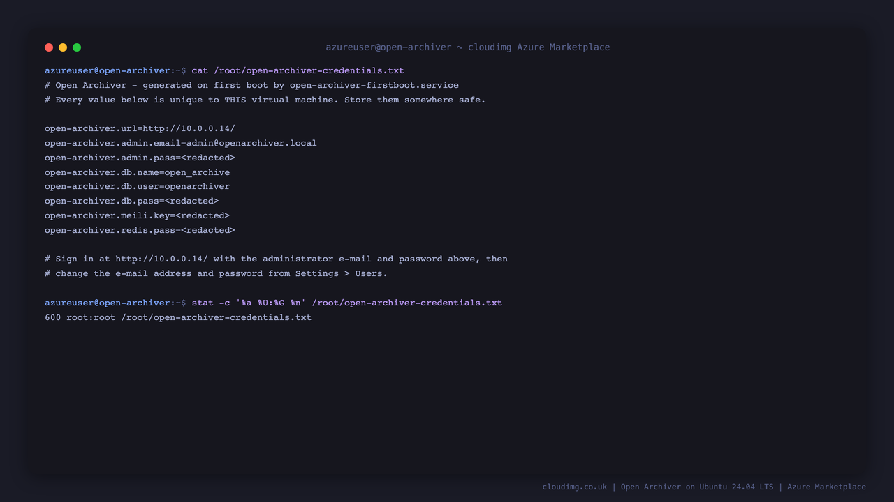 The per instance Open Archiver credentials file with the administrator, database, search and queue secrets masked, and the file confirmed as mode 600 owned by root