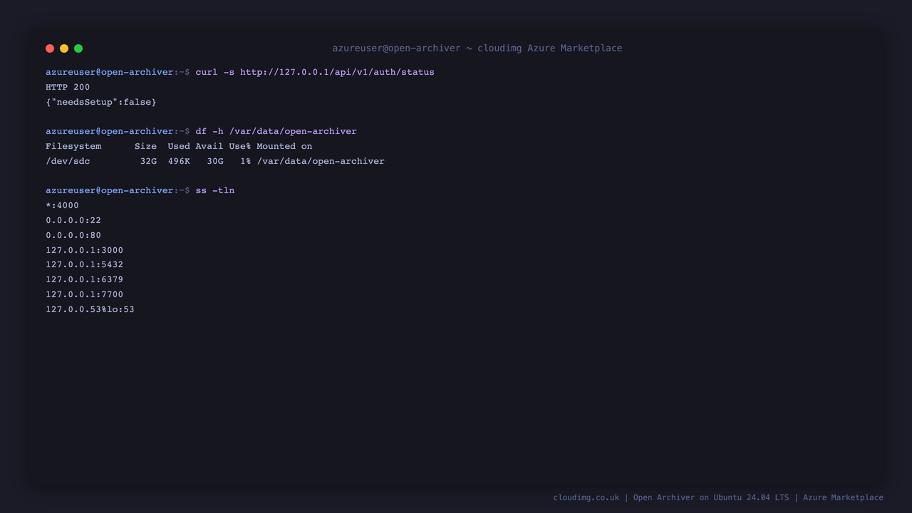 The Open Archiver health endpoint returning needsSetup false, the dedicated 32 GiB archive volume mounted at /var/data/open-archiver, and the listening sockets showing only SSH and nginx on public addresses