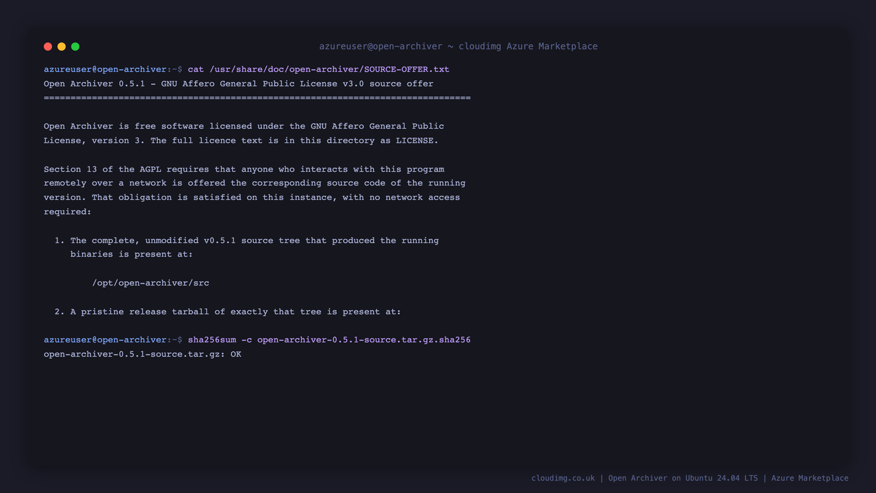 The Open Archiver AGPL-3.0 source offer shipped on the instance, and the shipped source tarball verifying against its recorded SHA-256 checksum
