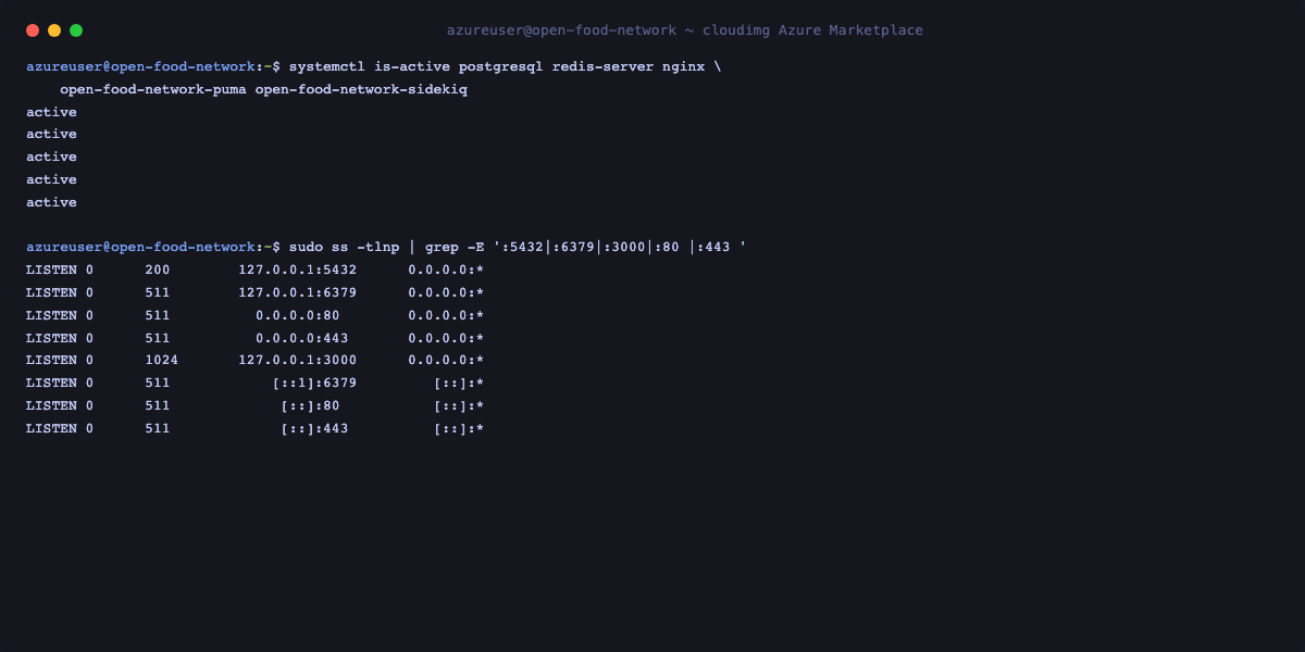 Open Food Network services active and bound to loopback