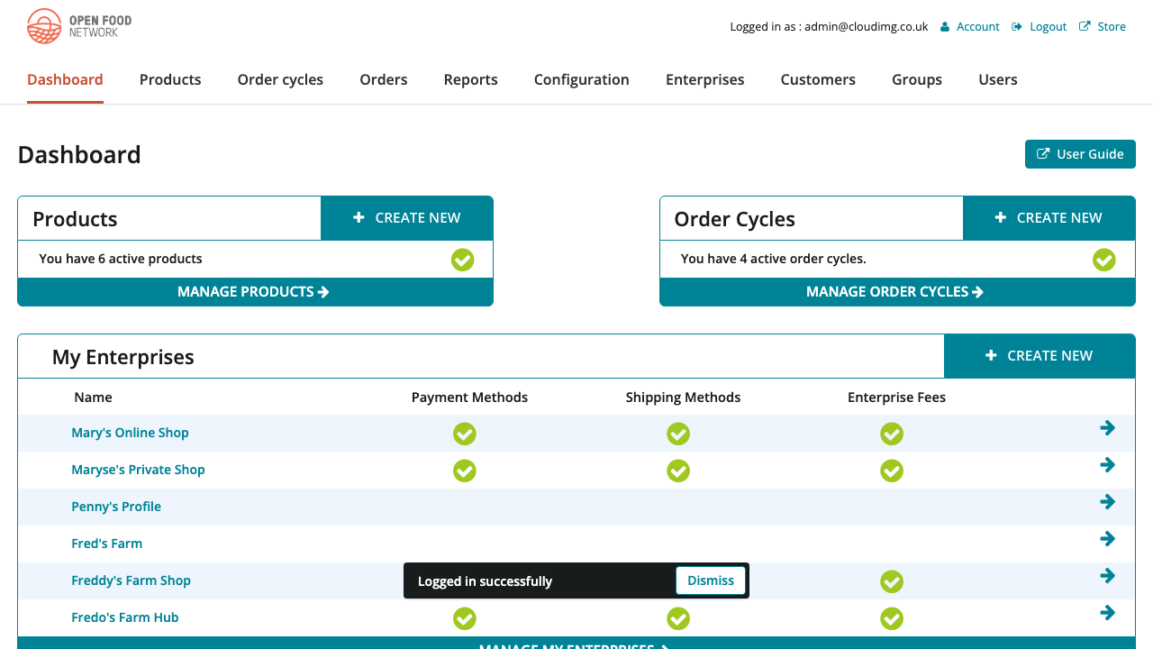The Open Food Network admin dashboard with the seeded demo enterprises