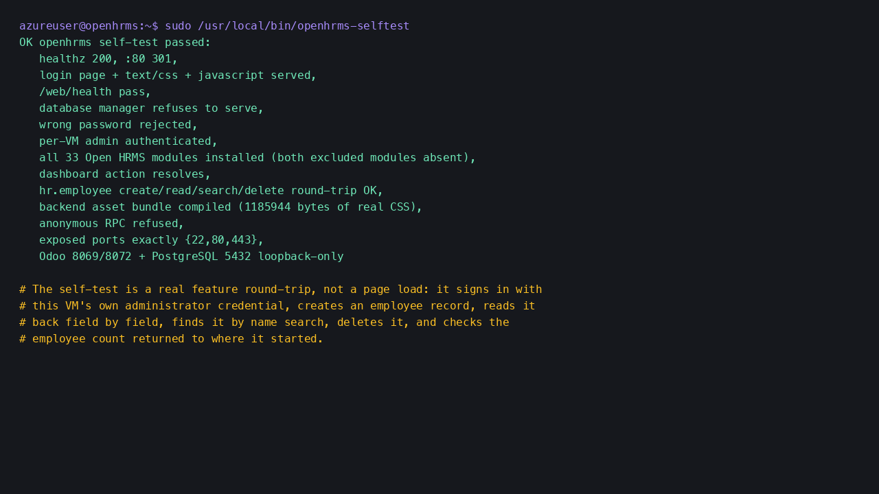 The bundled self test passing every check, including the blocked database manager, the rejected wrong password, all 33 modules installed and a full employee create, read, search and delete round trip