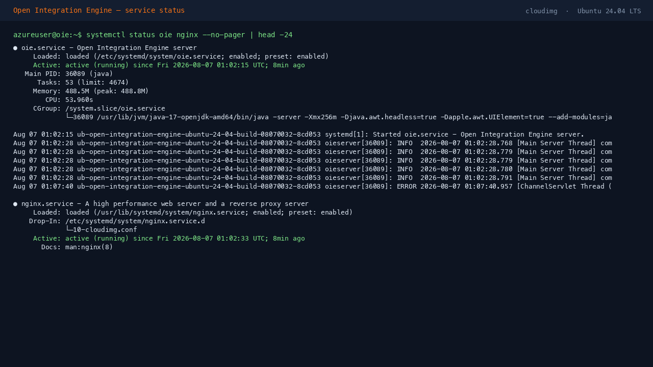 Open Integration Engine and nginx running as active systemd services on Ubuntu 24.04