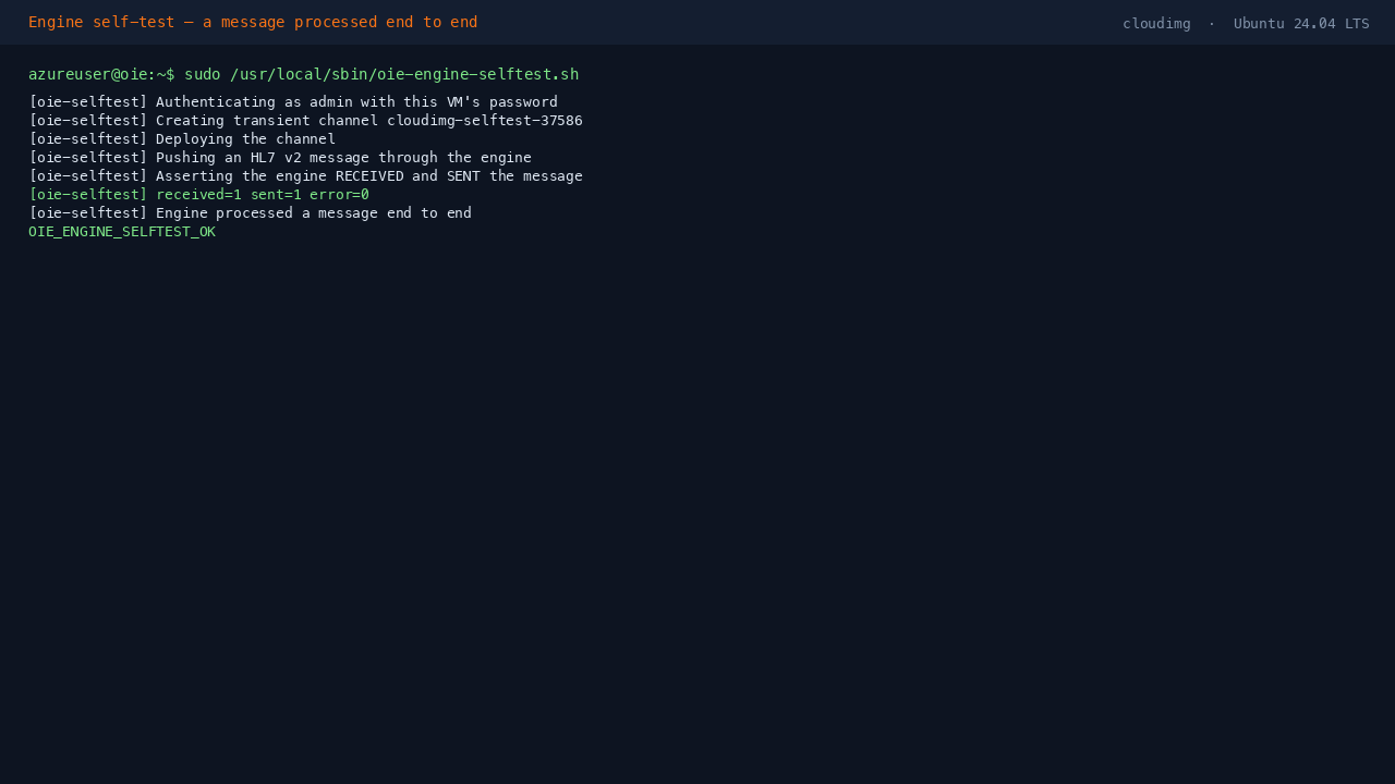 The engine self test deploying a channel, pushing an HL7 message through it, and reporting received=1 sent=1 error=0