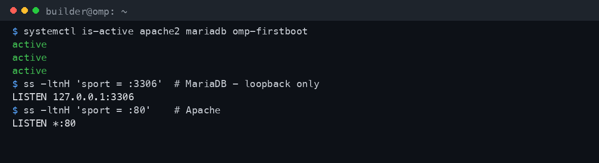 The apache2, mariadb and omp-firstboot services all reporting active, with Apache listening on port 80 and MariaDB bound to loopback 127.0.0.1:3306