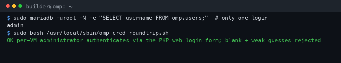 The single admin OMP login and the round trip check confirming the per VM administrator authenticates via the OMP login form while blank and weak guesses are rejected