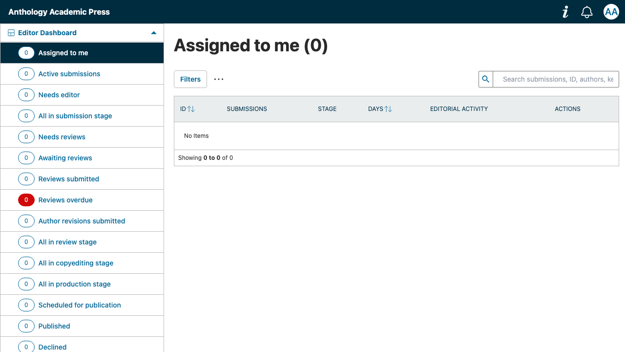 The OMP Editor Dashboard showing the editorial workflow stages - assigned to me, active submissions, needs editor, submission stage, needs reviews, reviews submitted, copyediting, production, scheduled for publication and published
