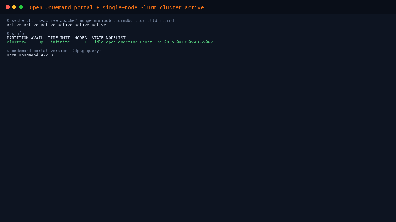 The apache2, munge, mariadb, slurmdbd, slurmctld and slurmd services reported active, the sinfo output showing the single node cluster partition idle, and the installed Open OnDemand version