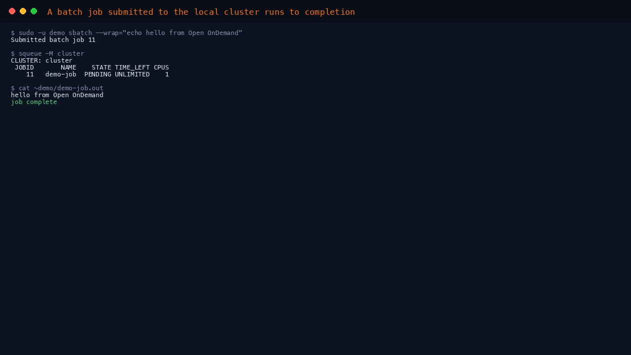 A batch job submitted with sbatch, the squeue multi cluster view for cluster showing the job, and the job output hello from Open OnDemand followed by job complete