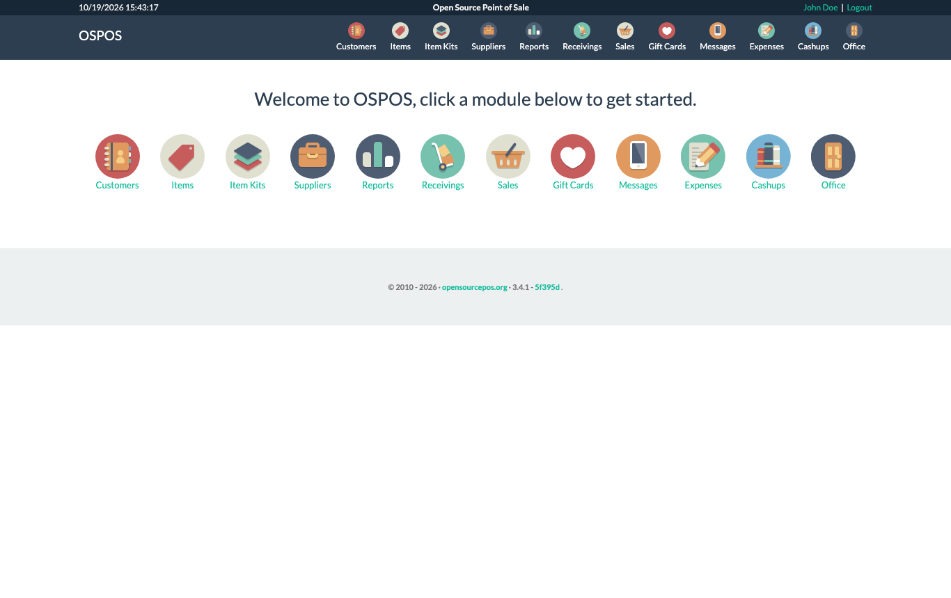 The OSPOS home page with the Customers, Items, Item Kits, Suppliers, Reports, Receivings, Sales, Gift Cards, Messages, Expenses, Cashups and Office modules and the opensourcepos.org 3.4.1 footer