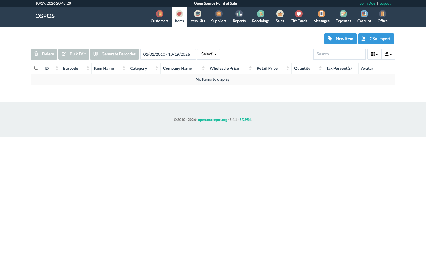 The Items module with New Item, CSV Import, Bulk Edit and Generate Barcodes and an empty item table