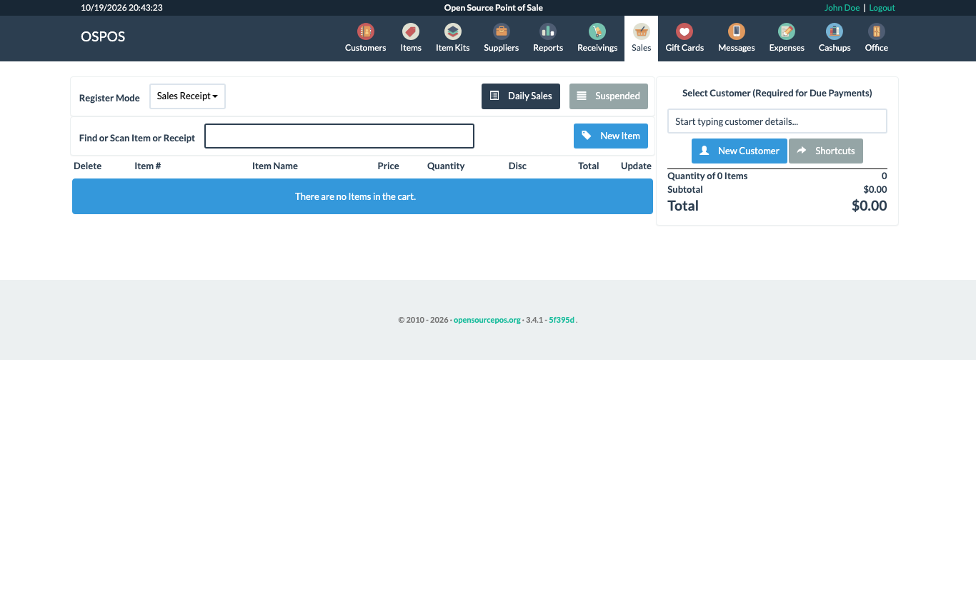 The Sales register with Register Mode, Find or Scan Item or Receipt, New Item, the cart, Select Customer and the total