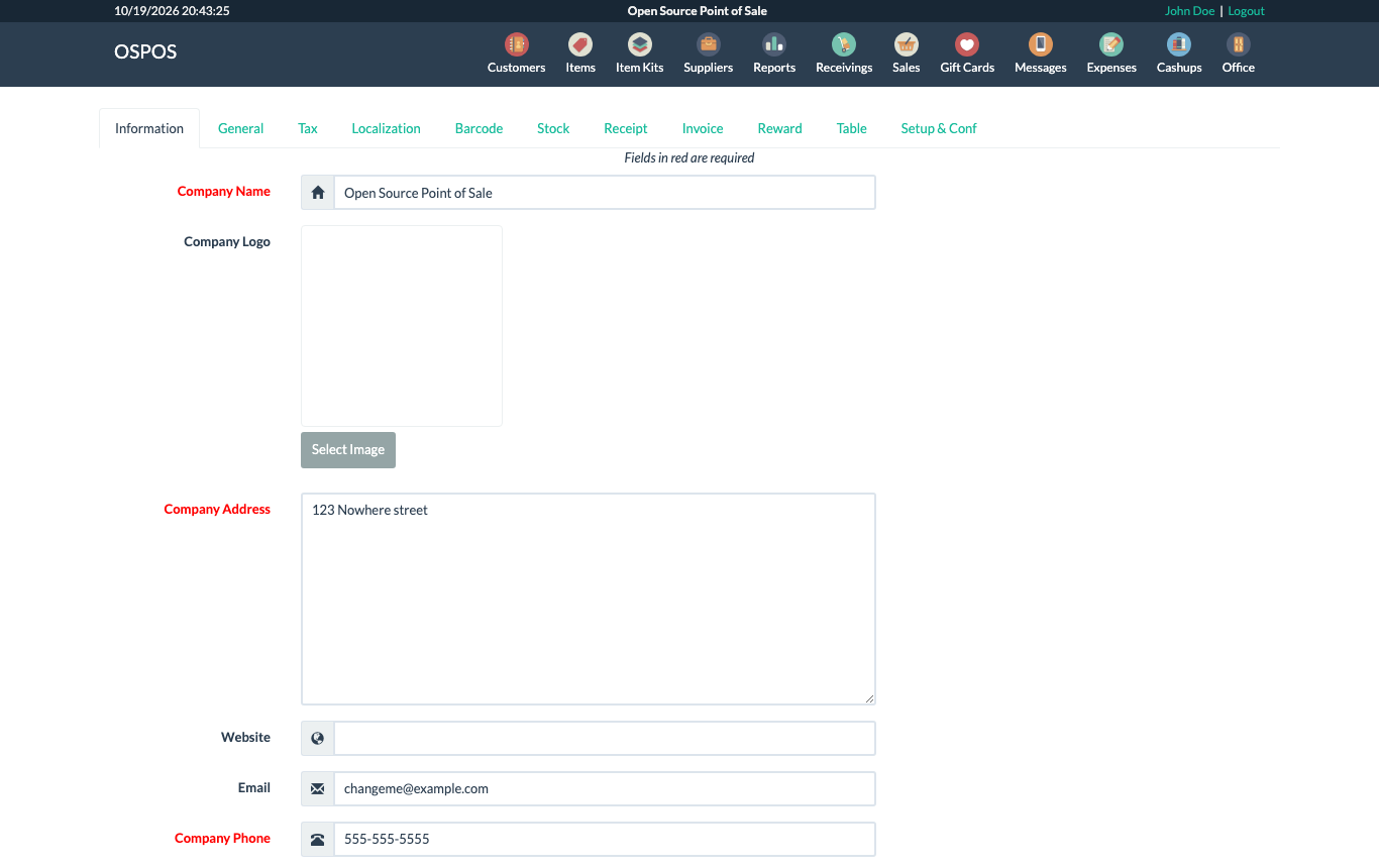 The Configuration Information tab with the Company Name, Company Logo, Address, Website, Email and Phone fields and the General, Tax, Localization, Barcode, Stock, Receipt, Invoice, Reward, Table and Setup tabs