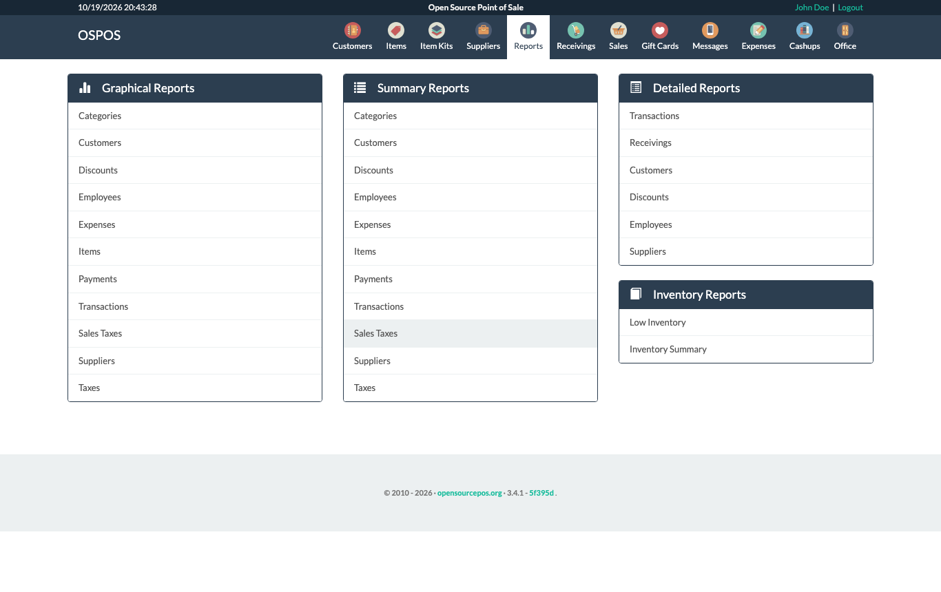 The Reports module with the Graphical, Summary, Detailed and Inventory report lists