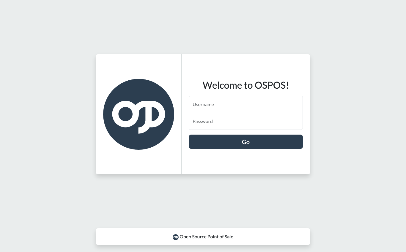 The OSPOS login page with the Username and Password fields, the Go button and the Open Source Point of Sale footer