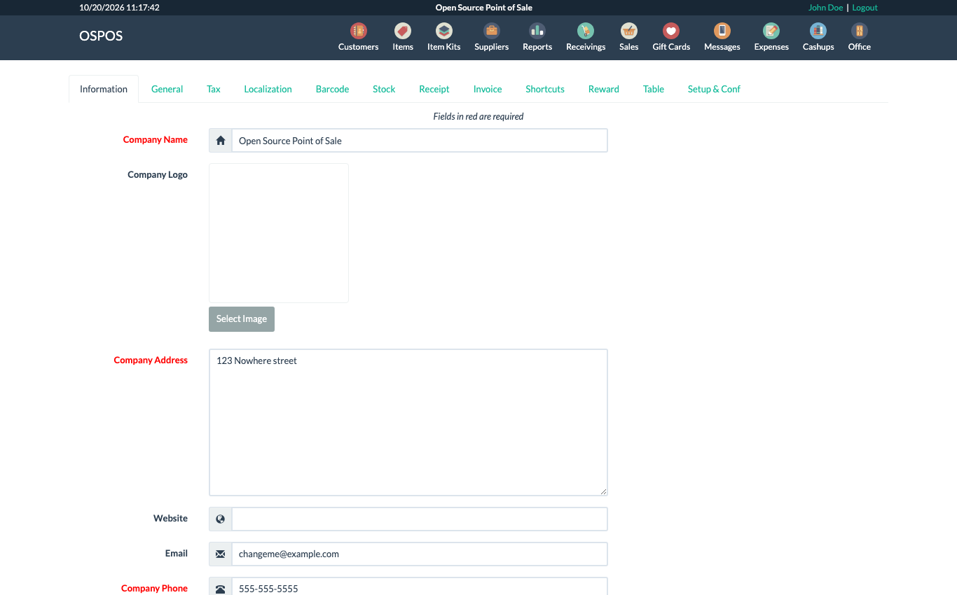 The Configuration Information tab with the Company Name, Company Logo, Address, Website, Email and Phone fields and the General, Tax, Localization, Barcode, Stock, Receipt, Invoice, Shortcuts, Reward, Table and Setup & Conf tabs