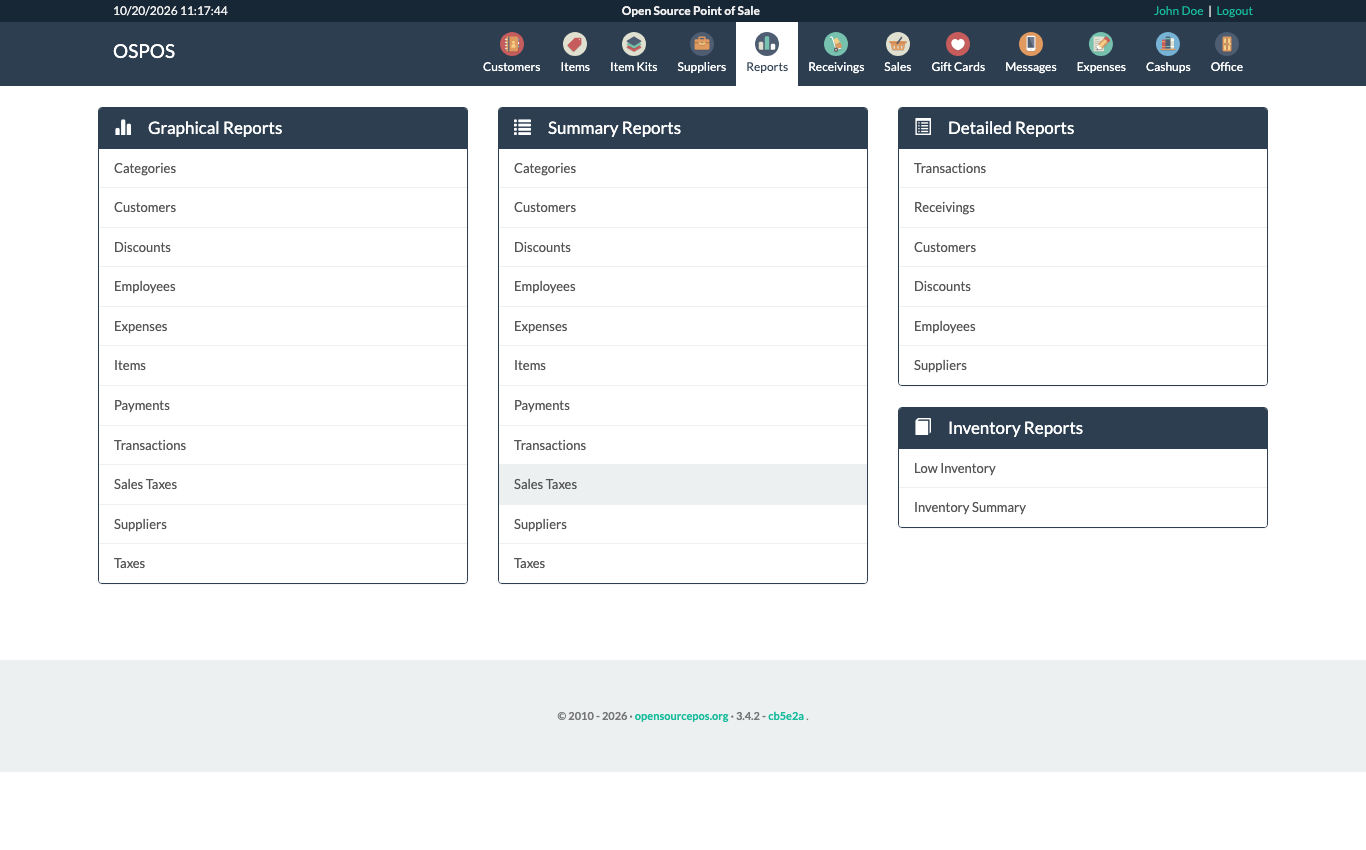 The Reports module with the Graphical, Summary, Detailed and Inventory report lists