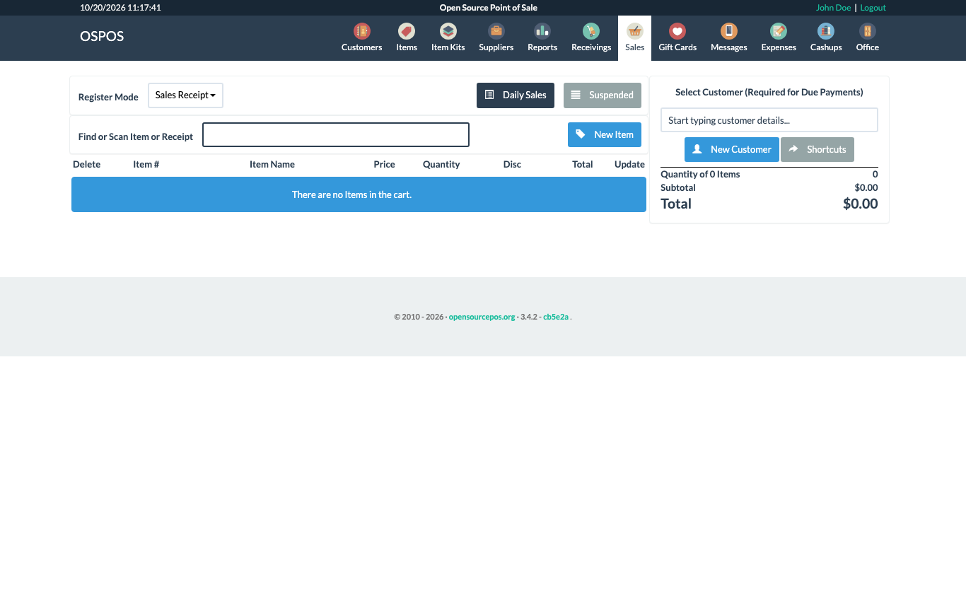 The Sales register with Register Mode, Find or Scan Item or Receipt, New Item, the cart, Select Customer and the total