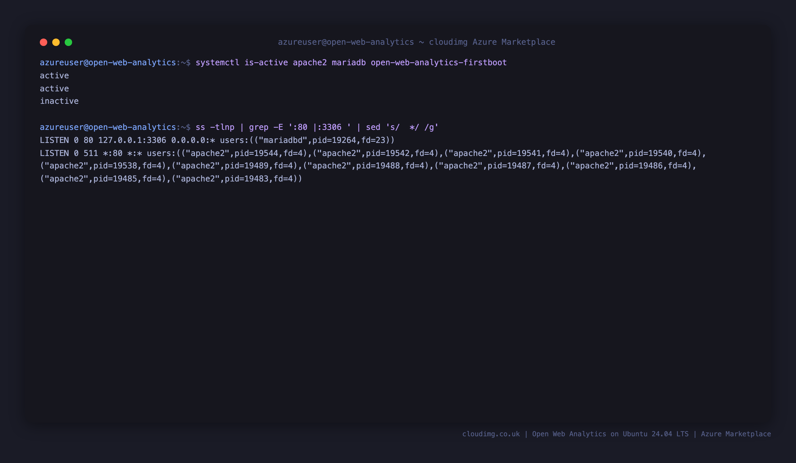 The apache2, mariadb and open-web-analytics-firstboot services all reporting active, with Apache listening on port 80 and MariaDB bound to loopback 127.0.0.1:3306