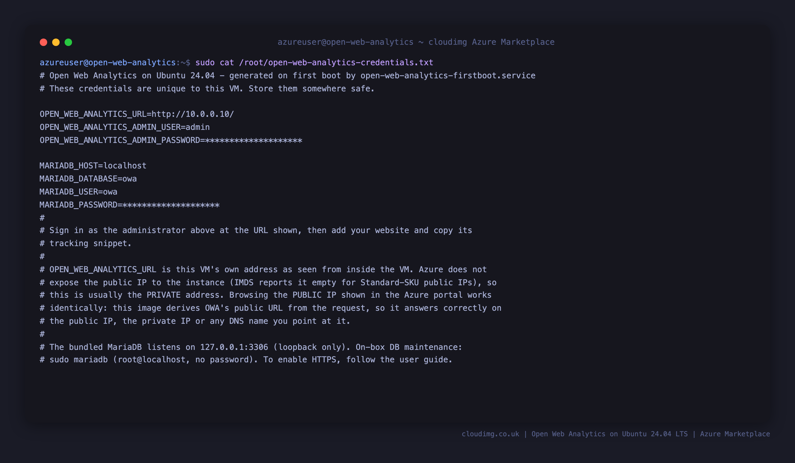 The per VM Open Web Analytics credentials file, showing the admin login user, the generated password masked, the application URL and the loopback MariaDB details