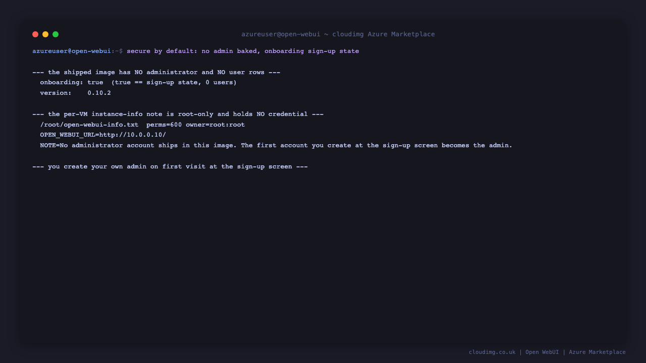 Open WebUI reporting onboarding true with zero users, and a root only instance info note that holds no credential, only the resolved interface URL