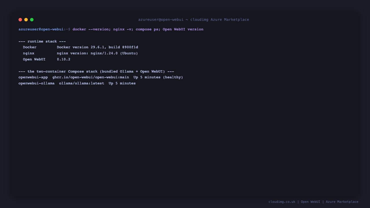 Docker and nginx versions, the openwebui-app and openwebui-ollama containers both Up, and the running Open WebUI version reported through the API