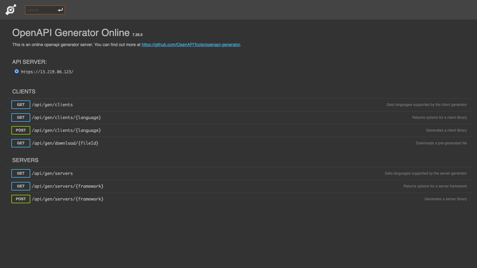 The OpenAPI Generator Online 7.26.0 console on cloudimg, listing the client and server generation operations