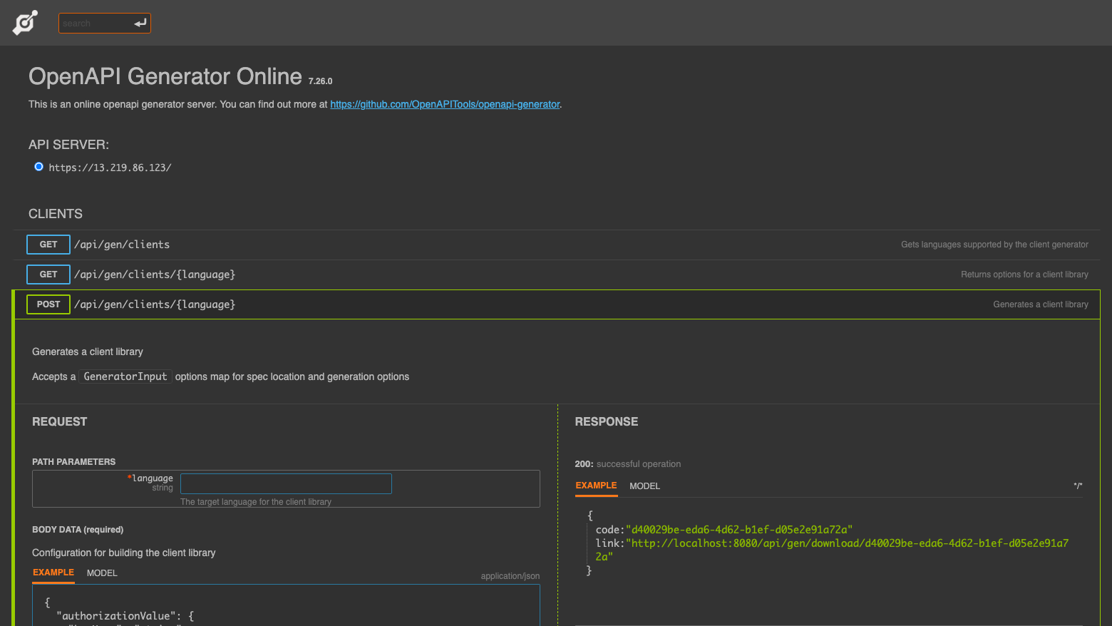 The generate-a-client operation expanded in the console, showing the language path parameter, the request body and the response with a download code and link