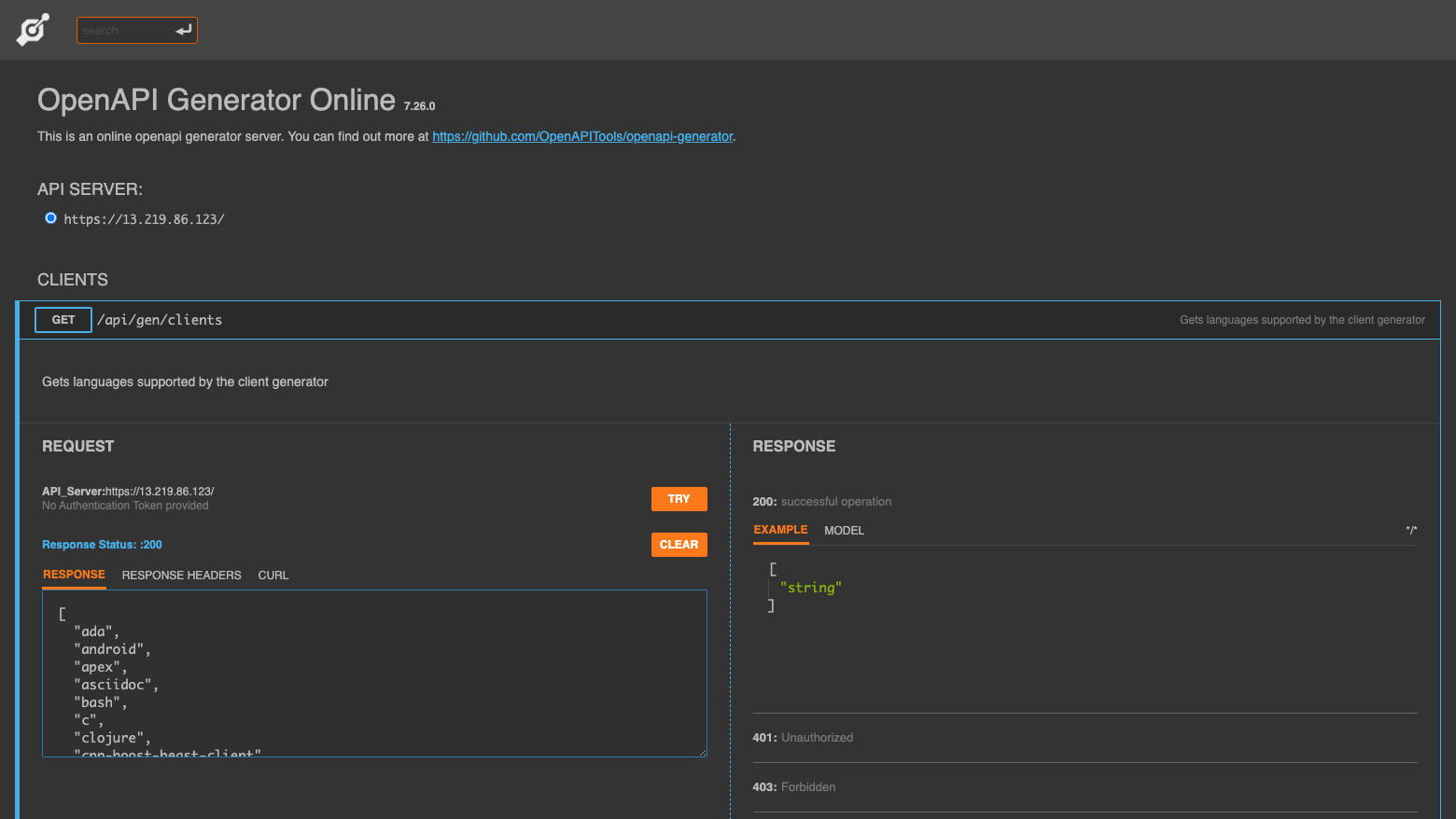 The console's TRY panel for GET /api/gen/clients, returning HTTP 200 and the list of client generators