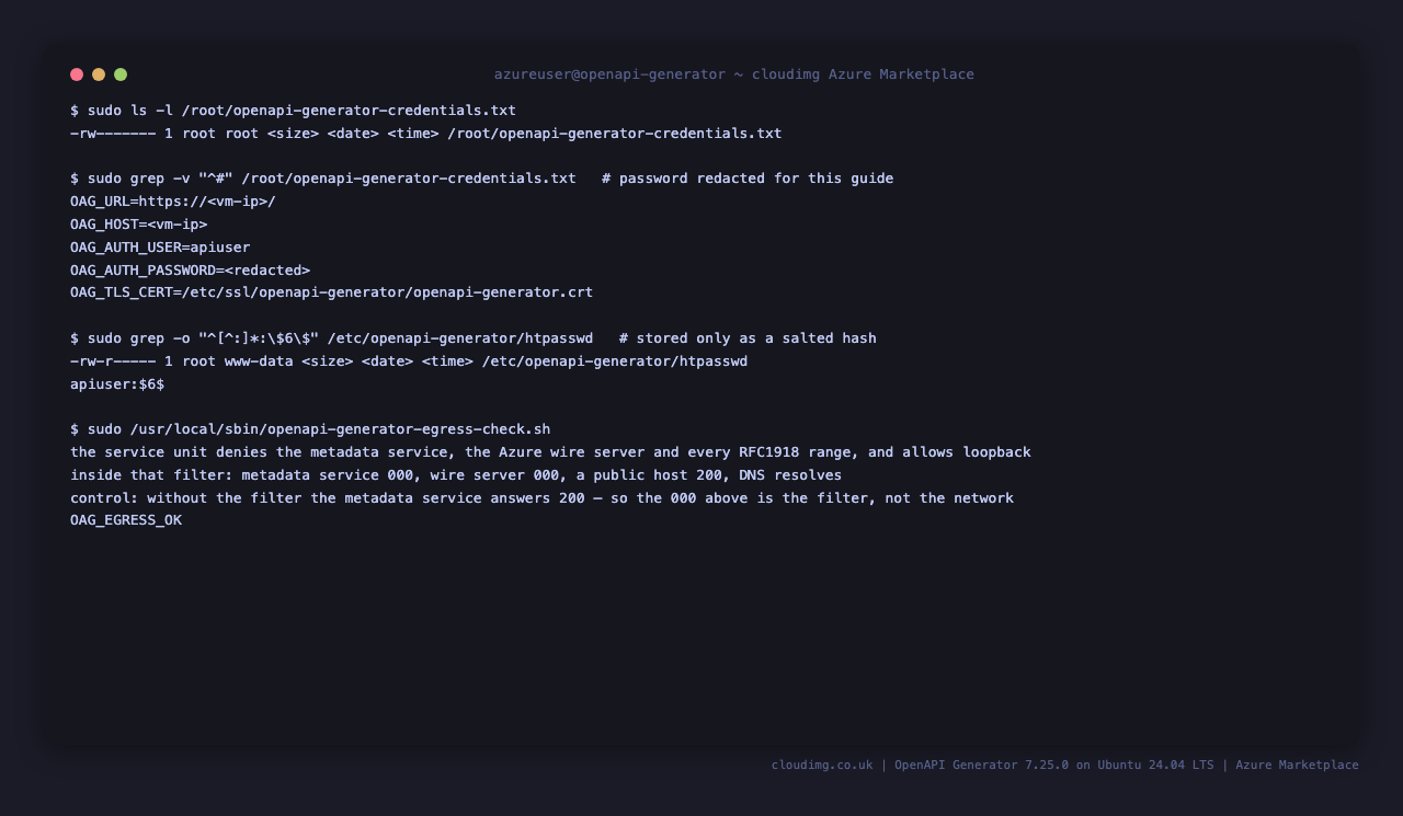 The per-VM credentials file, the salted hash nginx checks against, and the confined specification-fetch egress
