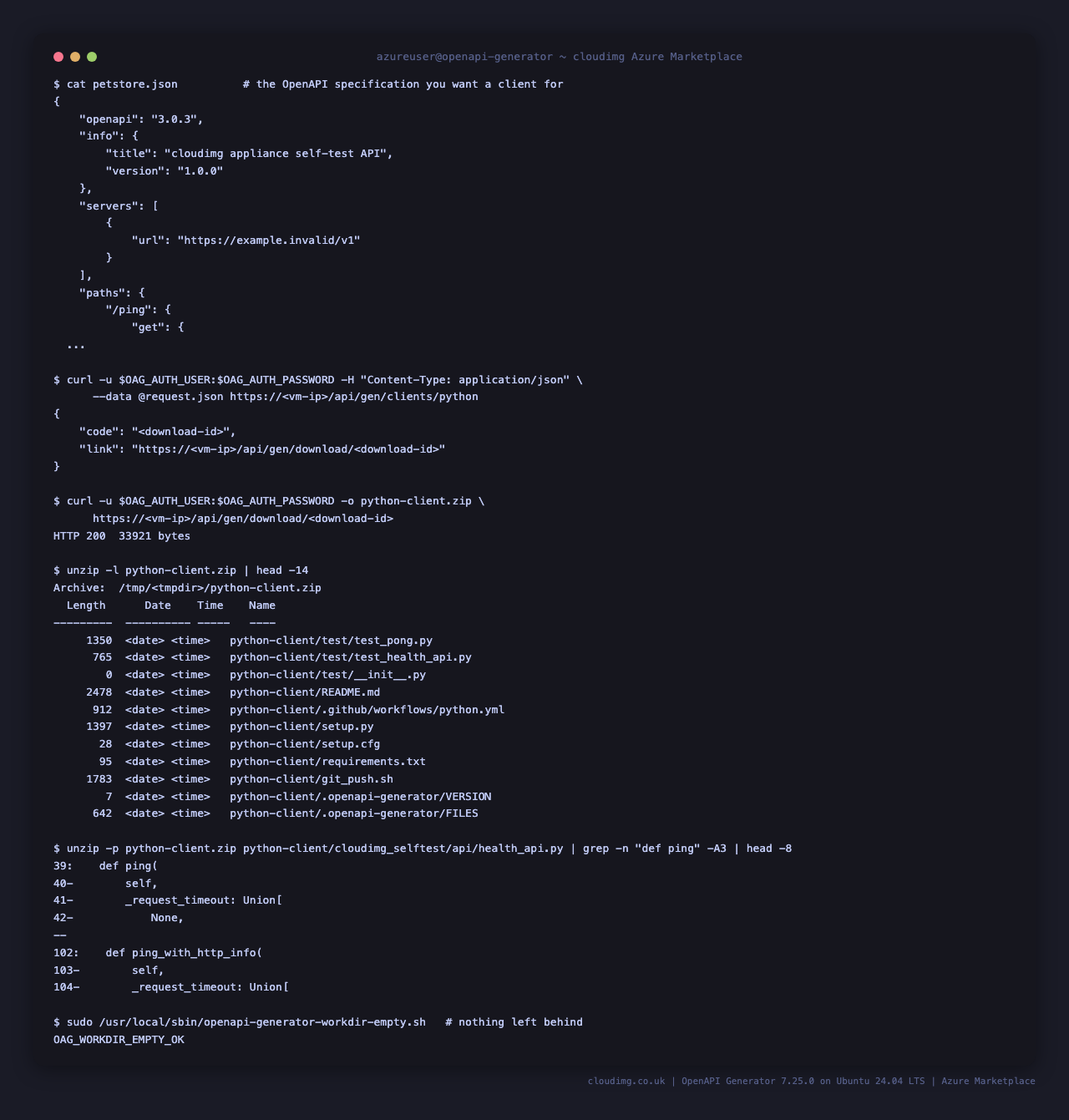 An OpenAPI specification posted through the authenticated front door, a Python client generated, downloaded and unpacked to real source