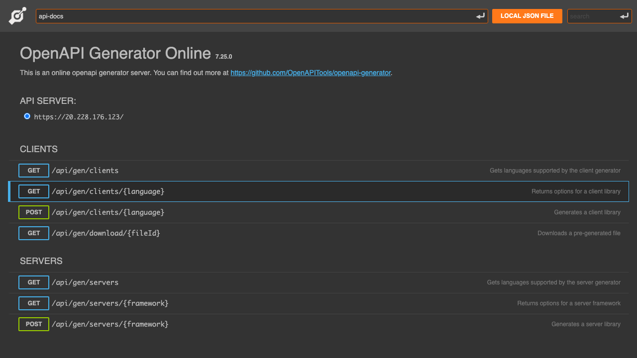 The interactive console listing every generation operation, with the API server set to this instance's own address