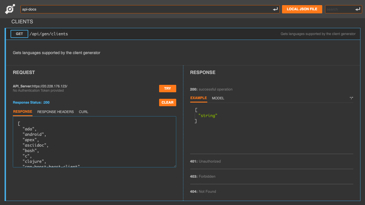 The client generator catalogue returned live by the appliance
