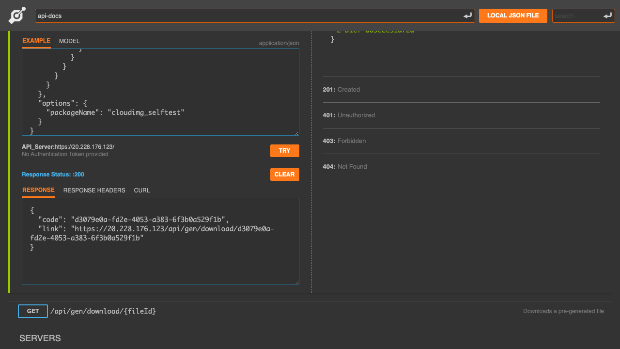 A Python client generated from a submitted specification, with the one-time download link the appliance returned