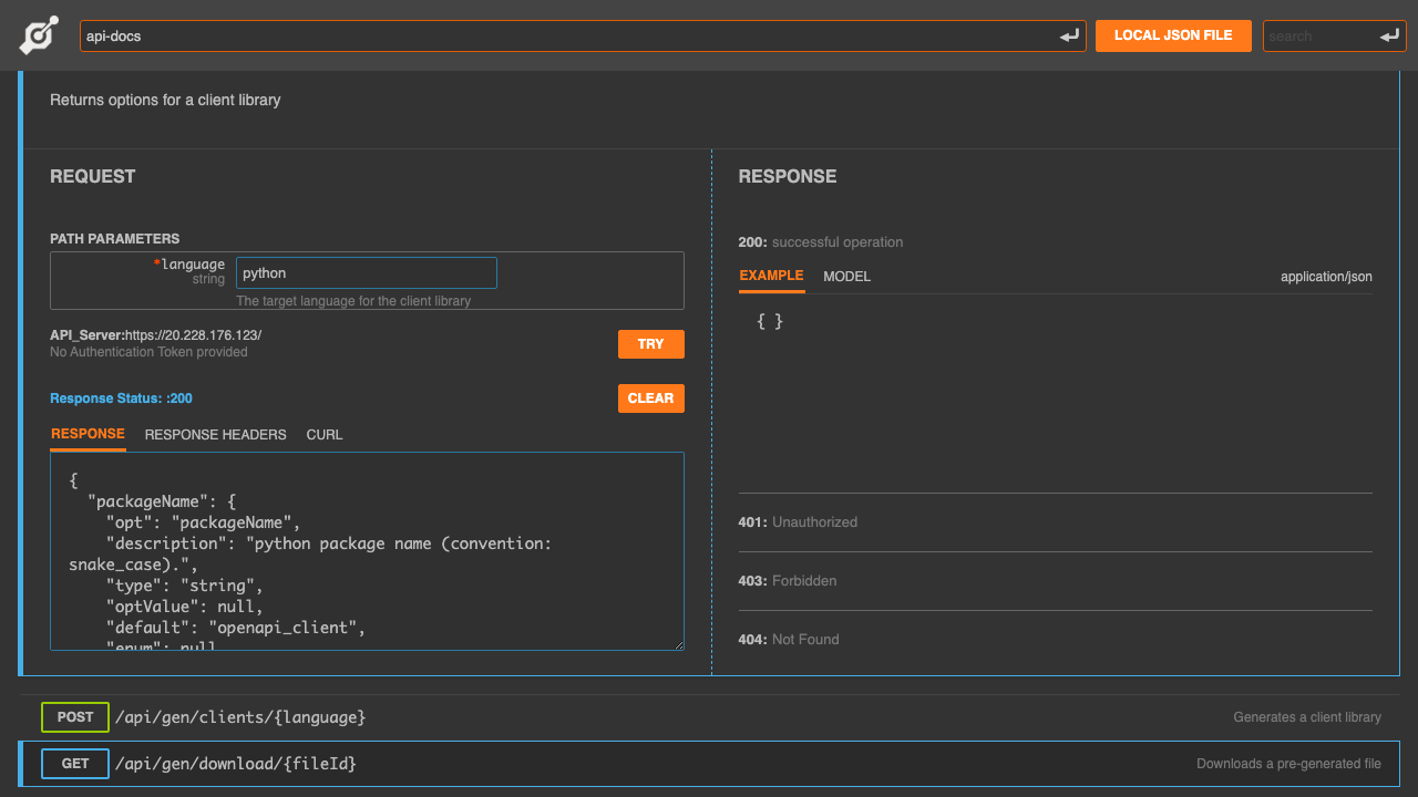The full option set for the Python generator, returned live by the appliance