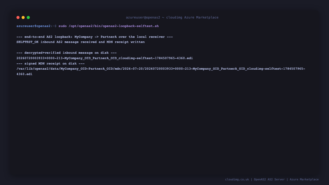 the loopback self test prints SELFTEST_OK confirming the inbound AS2 message was received and the MDN receipt written, and lists the decrypted and verified message file in the inbox and the signed MDN receipt file on disk
